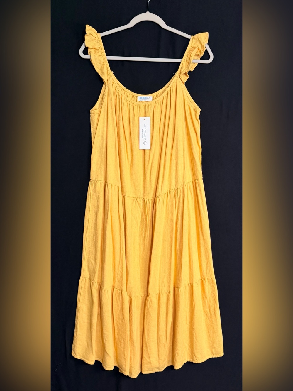 Linen dress Tiered Midi in Mustard Yellow Cottagecore Ruffle Straps cowgirl vaca